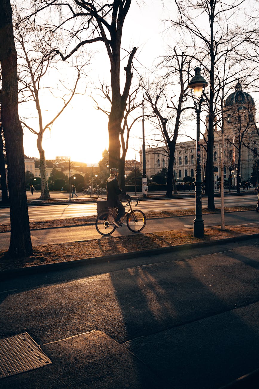 Cyclist riding at sunset near landmark buildings in Vienna