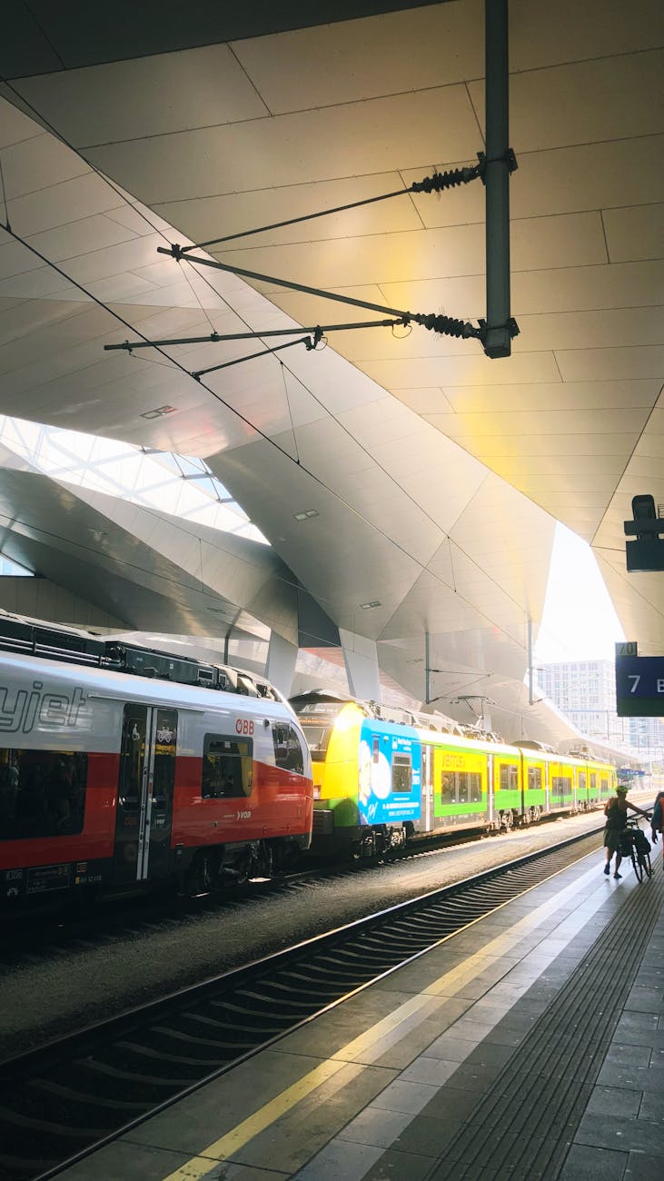 Interior of Vienna Central Station Hauptbahnhof with modern trains