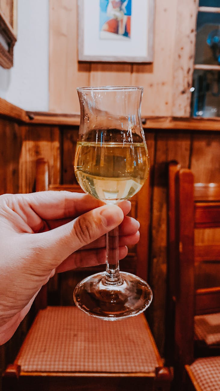 Hand holding wine glass in a cozy rustic wine tavern setting
