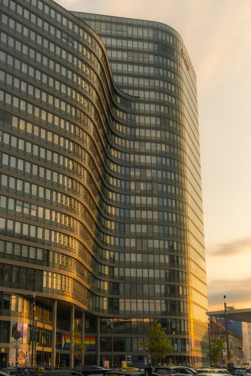 Contemporary modern architecture building with sleek glass and steel design in Vienna