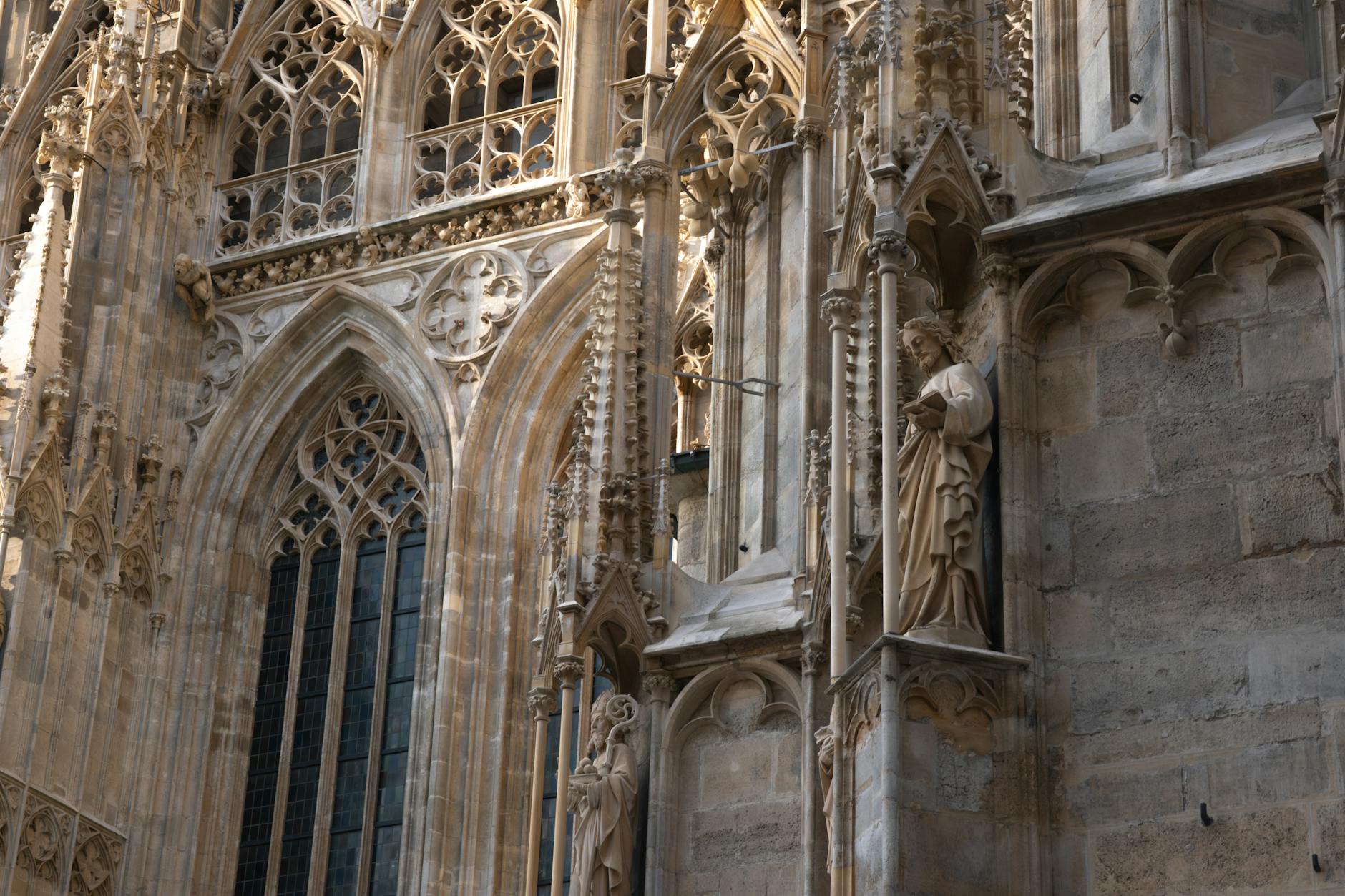 Gothic cathedral with pointed arches and ornate stone carvings in Vienna