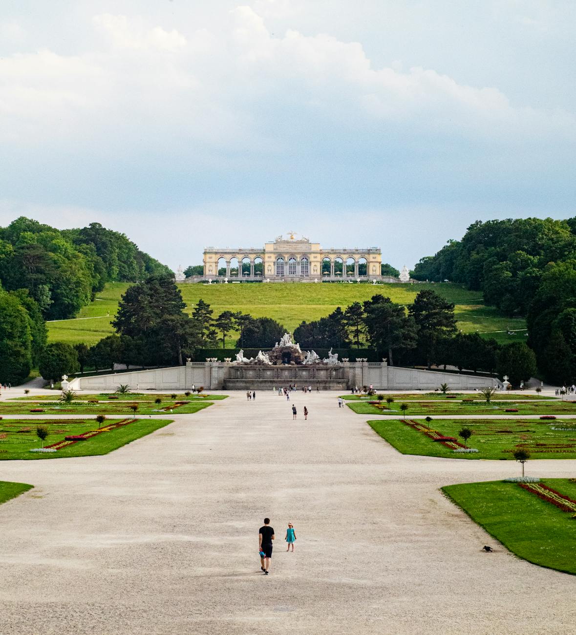 Schönbrunn Palace gardens with Gloriette view in Vienna
