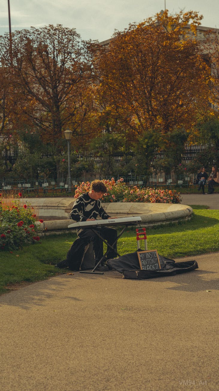 Street musician playing on a sidewalk in Vienna