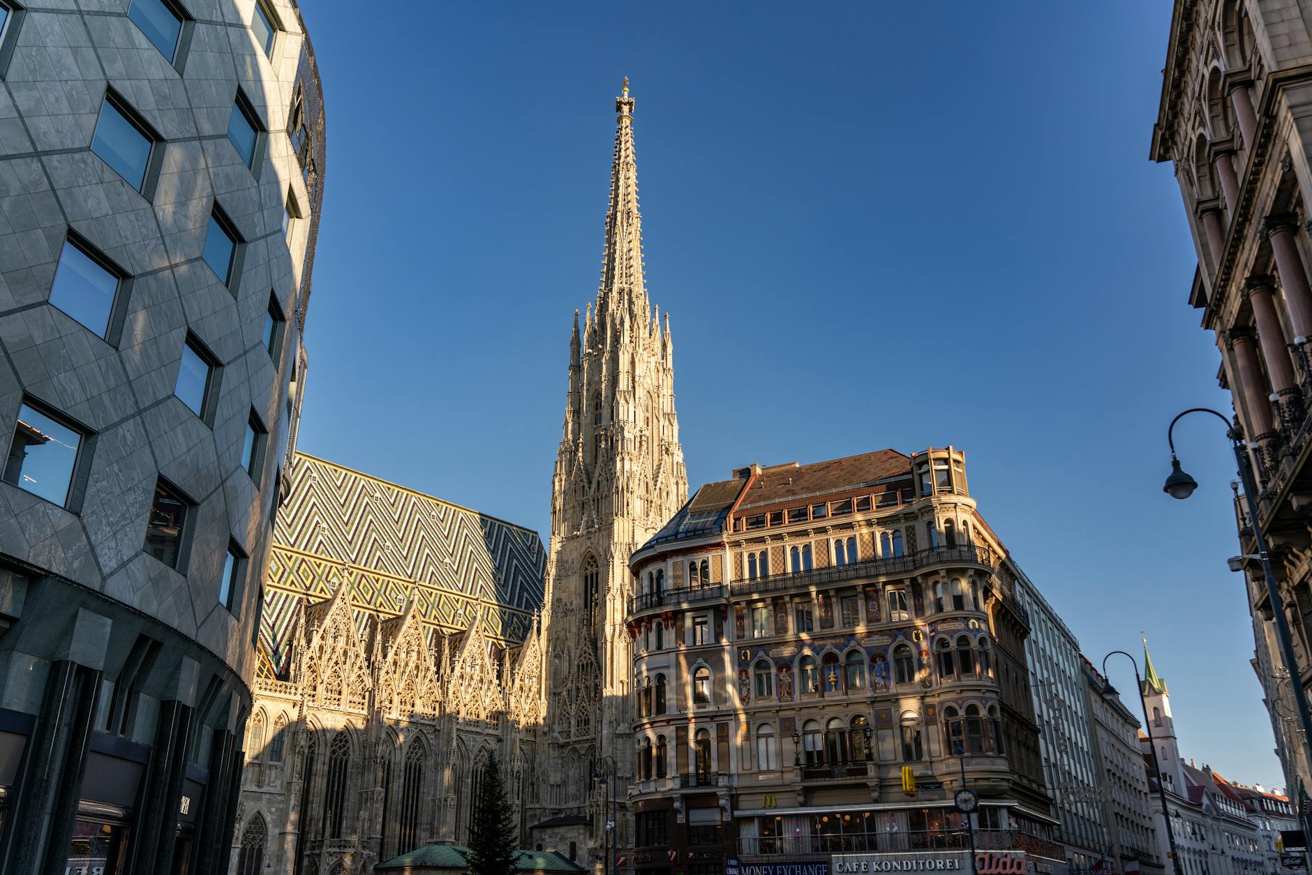St. Stephen's Cathedral (Stephansdom) in Vienna surrounded by elegant historic buildings on a clear day