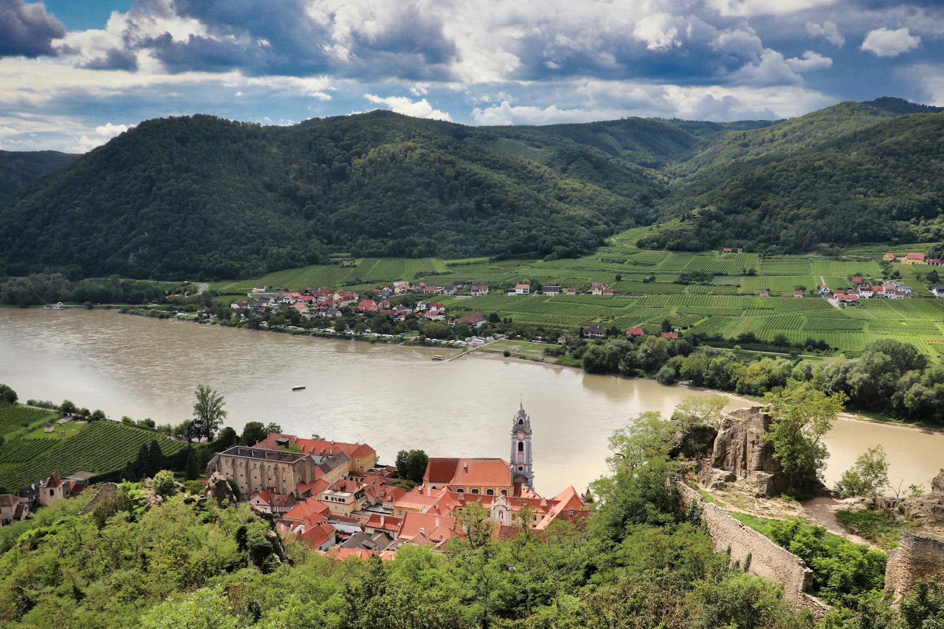 Aerial view of Dürnstein with Danube River and Wachau Valley vineyards