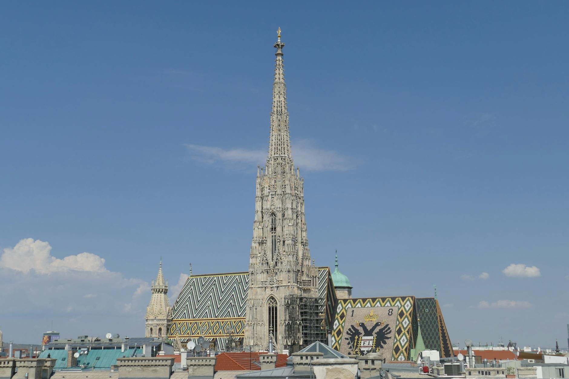 The 230,000 tiles forming the Habsburg double-eagle pattern on the roof