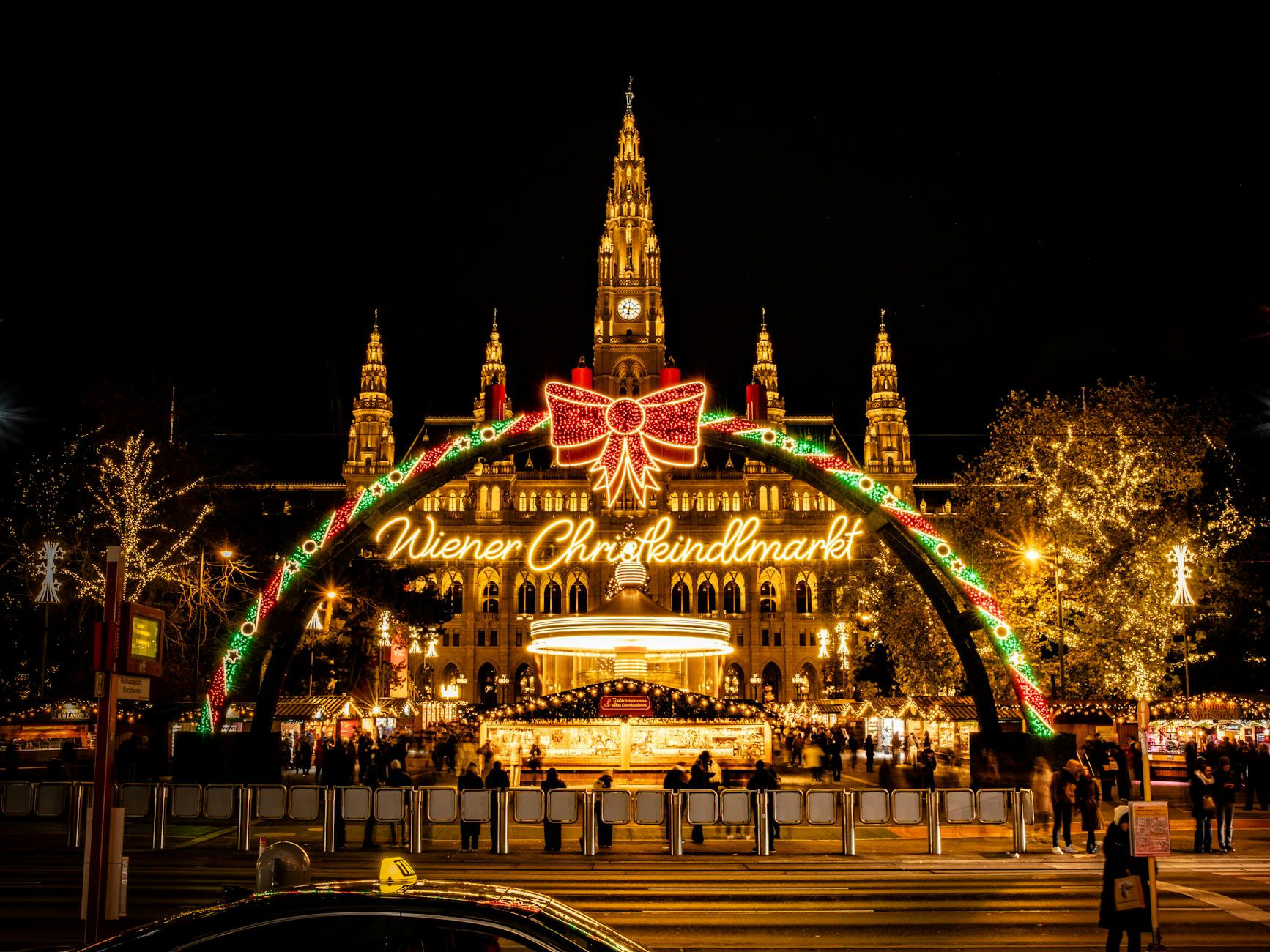 Christmas market stalls and lights