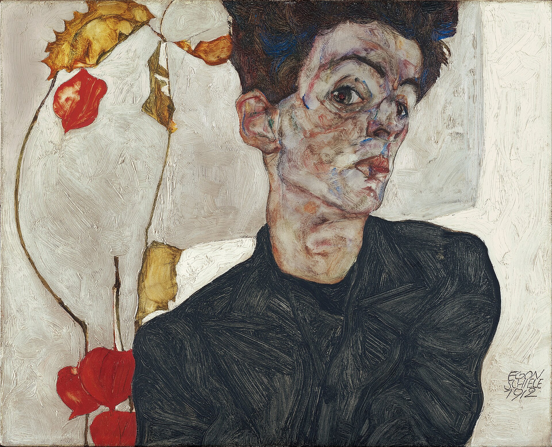 Egon Schiele's 1912 Self-Portrait with Chinese Lantern Plant, showing the artist in a dark jacket beside orange physalis fruit against a pale background