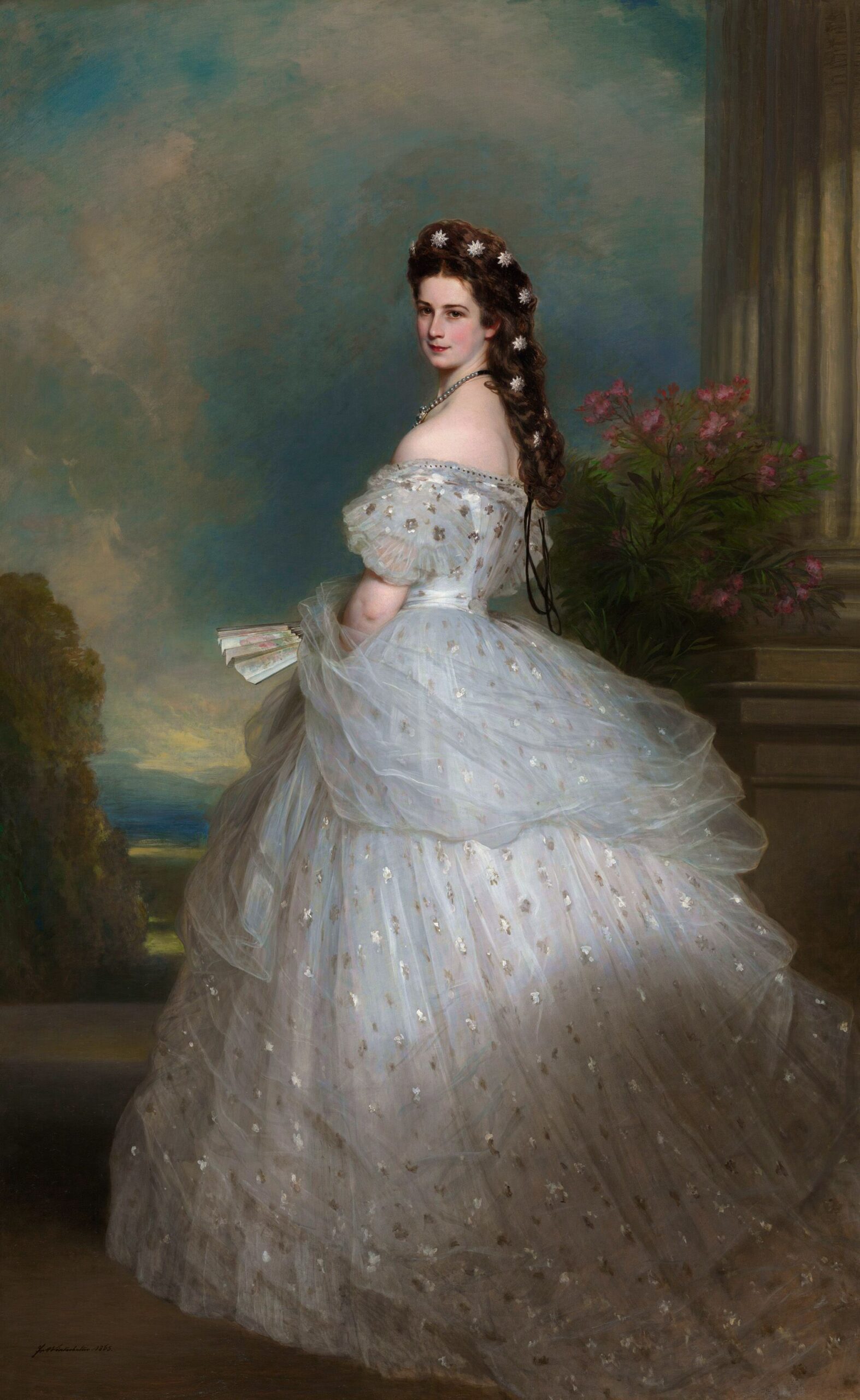 Franz Xaver Winterhalter's 1865 painting of Empress Elisabeth of Austria in a white tulle gown, her long braided hair threaded with diamond stars