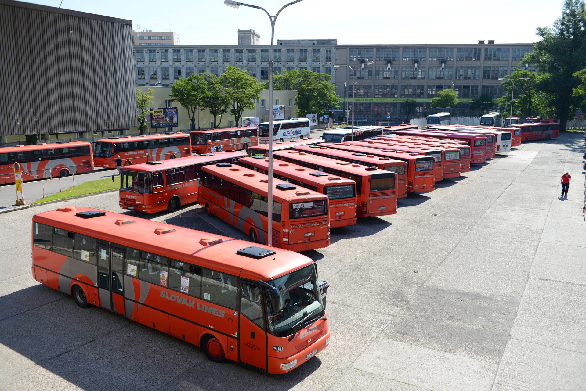 A depot yard full of orange Slovak Lines buses parked in rows at a Bratislava bus station, with an older industrial building behind
