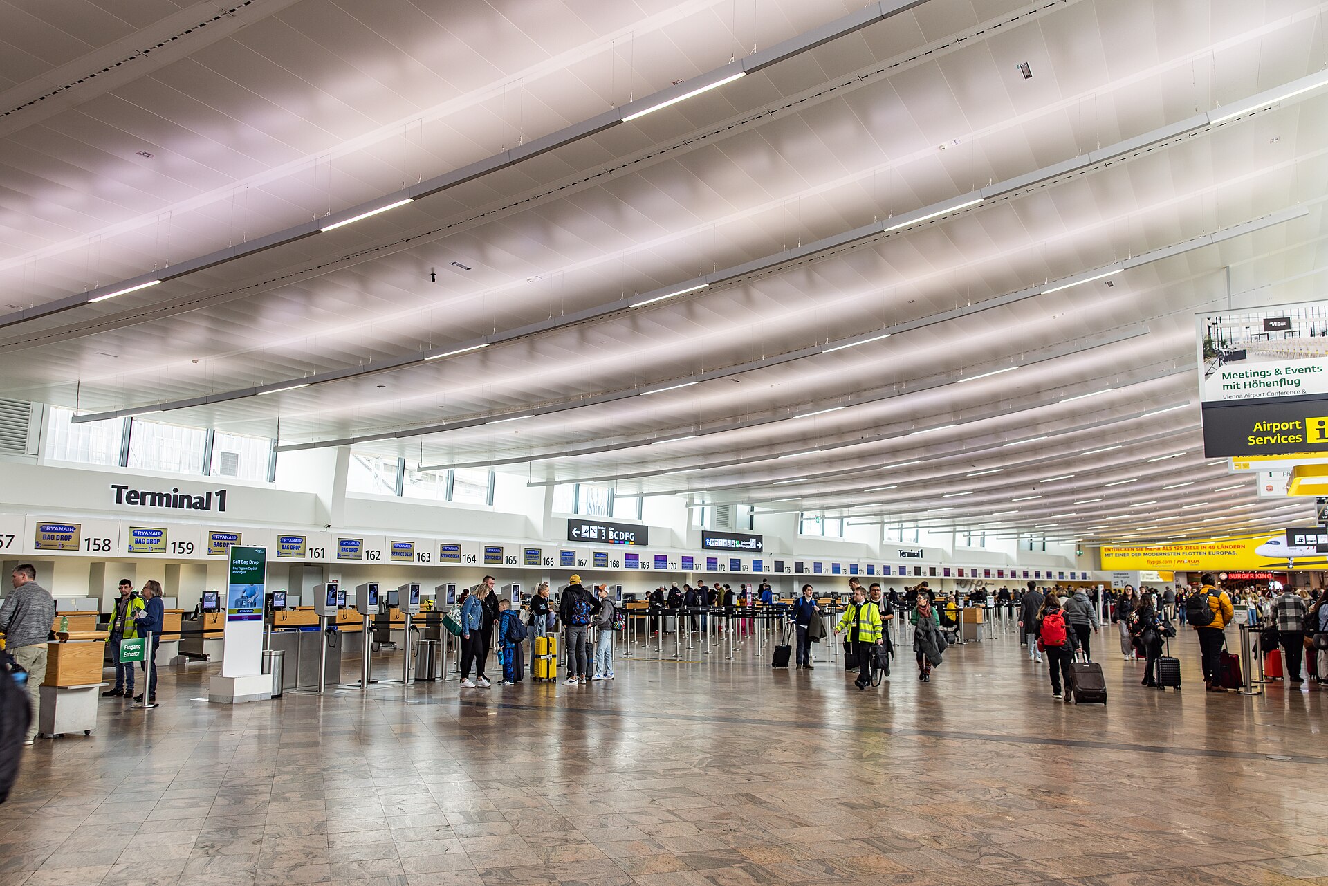 The Terminal 1 check-in hall at Vienna Airport with a long row of numbered desks, Ryanair bag drop counters and a curved white ceiling